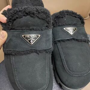 Prada Black Shearling Slip-On Shoes